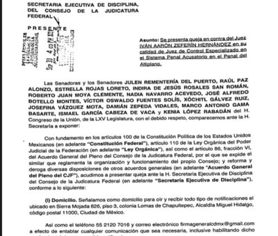 Presentan senadoras y senadores del PAN queja contra juez Iván Zeferín Hernández