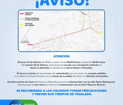 Cierre de túnel La Galereña por trabajos de rehabilitación en ramal a Presa Pozuelos