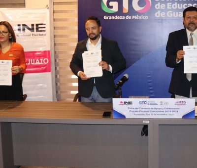 Firman INE Guanajuato e IEEG convenio de apoyo y colaboración con SEG con motivo del Proceso Electoral Concurrente 2023-2024