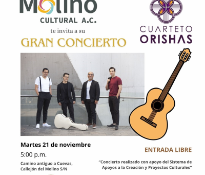 El Molino AC presenta un cautivador concierto de Cuarteto Orishas el 21 de noviembre, entrada gratuita.