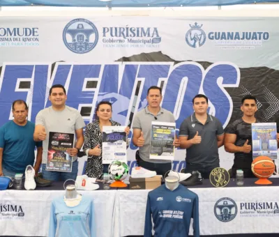 COMUDE Purísima presentó el programa deportivo para las Fiestas de Octubre 2025, autoridades y deportistas.